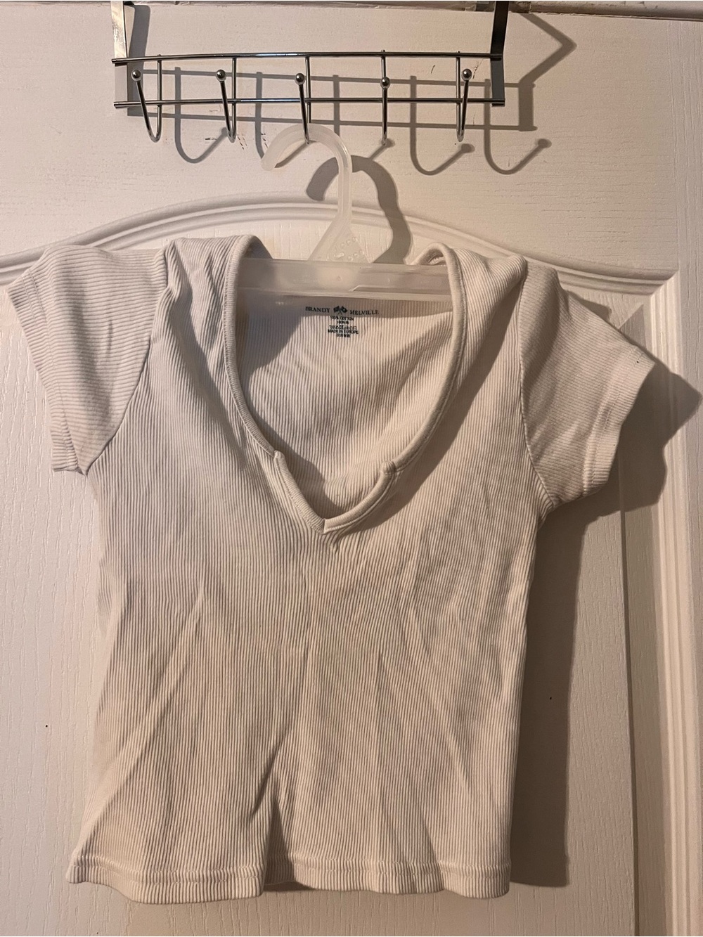 Brandy Melville Cream Ribbed V-Neck Short Sleeve Tee